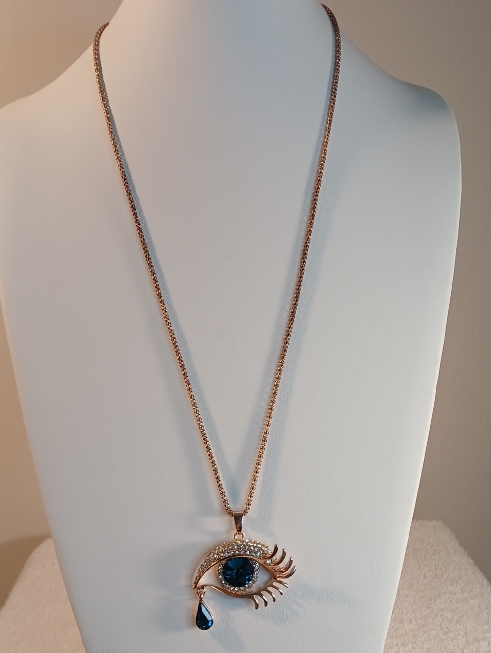 Betsey Johnson Rose Gold Evil Eye Teardrop Necklace with Blue Crystal